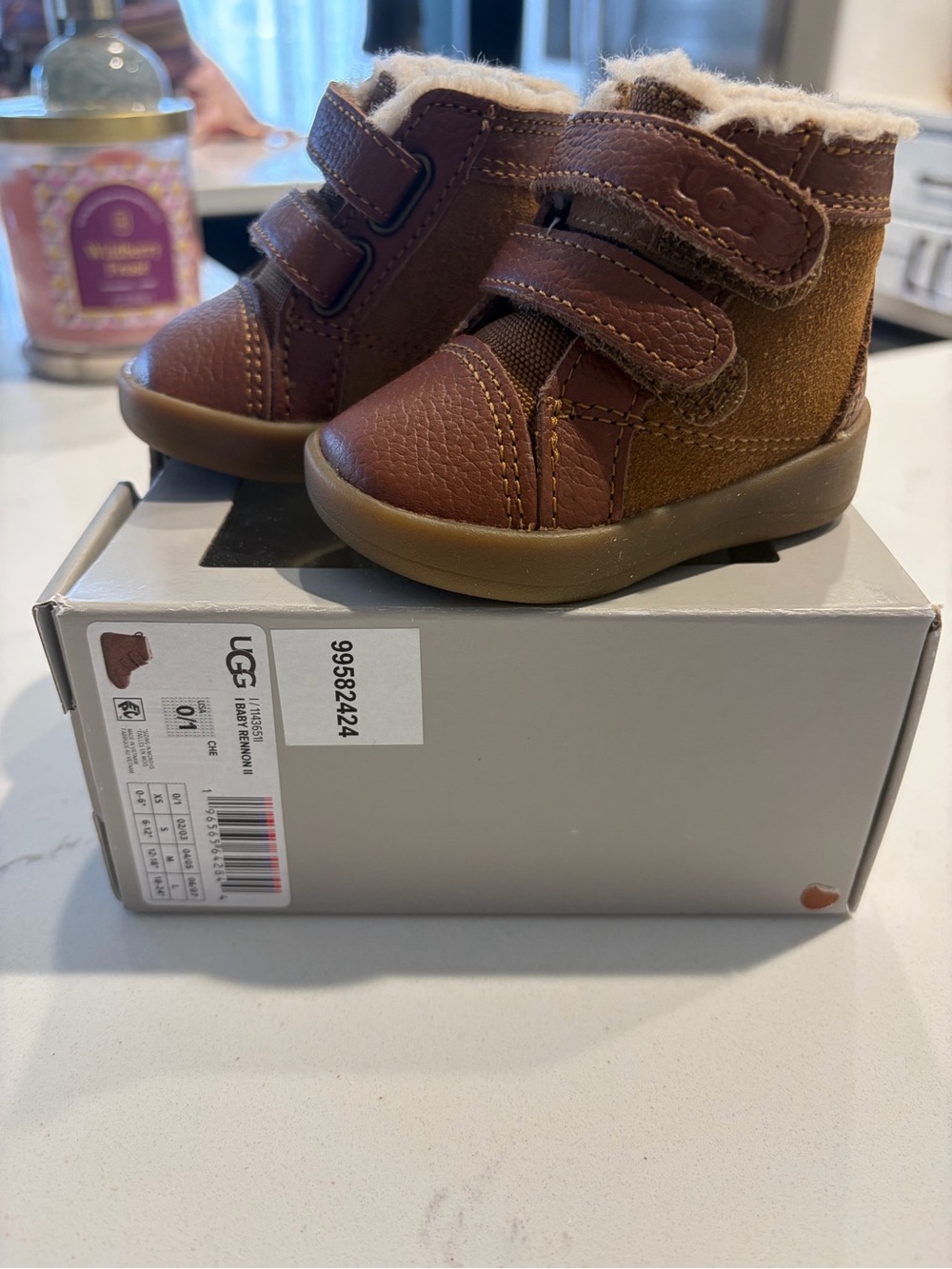 UGG Baby Rennon II Brown Shearling-Lined Velcro Boots